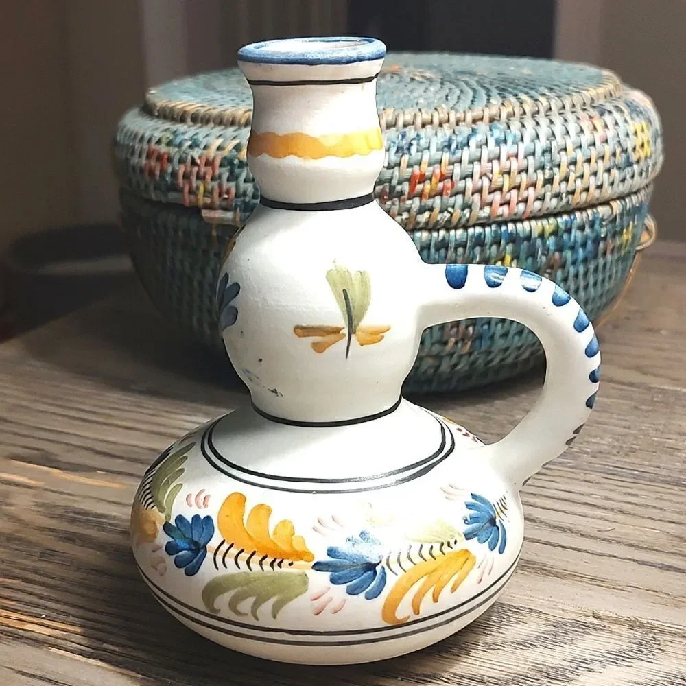 Talavera Pottery Hand Painted Floral Candlestick with Handle Vintage